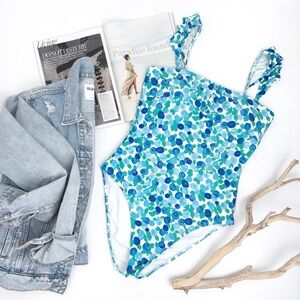 J CREW . Eco ruffle strap one-piece in blueberry floral